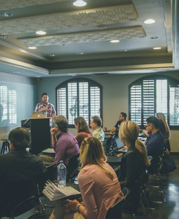 A seminar in a university classroom